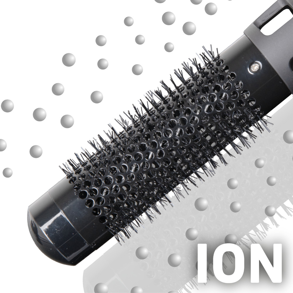 Hairbrush with black bristles and a black handle. White spheres are floating in the background.