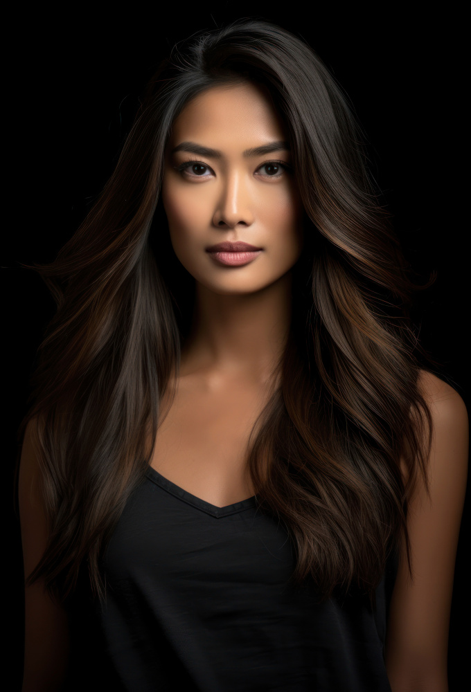 A woman with long dark hair, wearing a black top, against a black background.