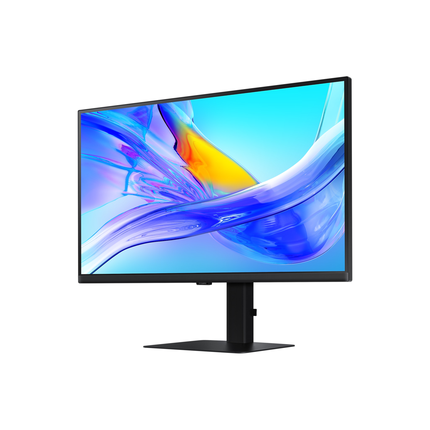 Black monitor with a blue and yellow abstract background. Black stand and frame.