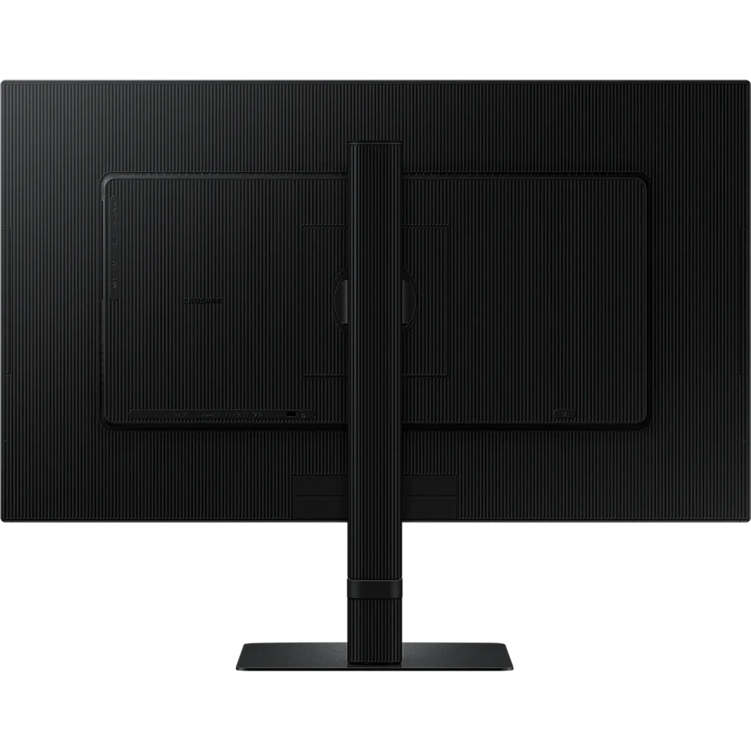 The back of a black monitor. It has a stand and a textured pattern on the back.