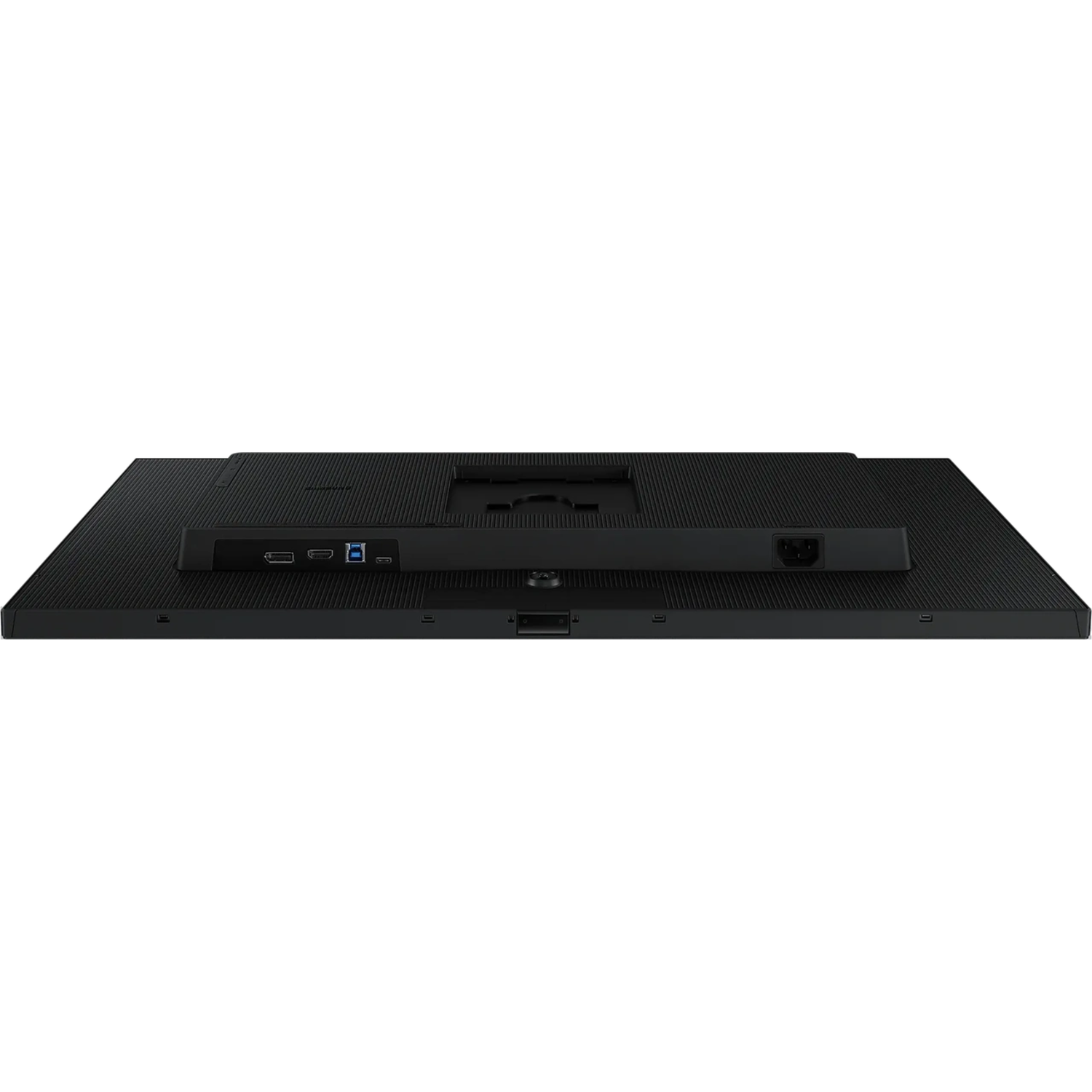 Backside of a black monitor, displaying ports for connecting devices.