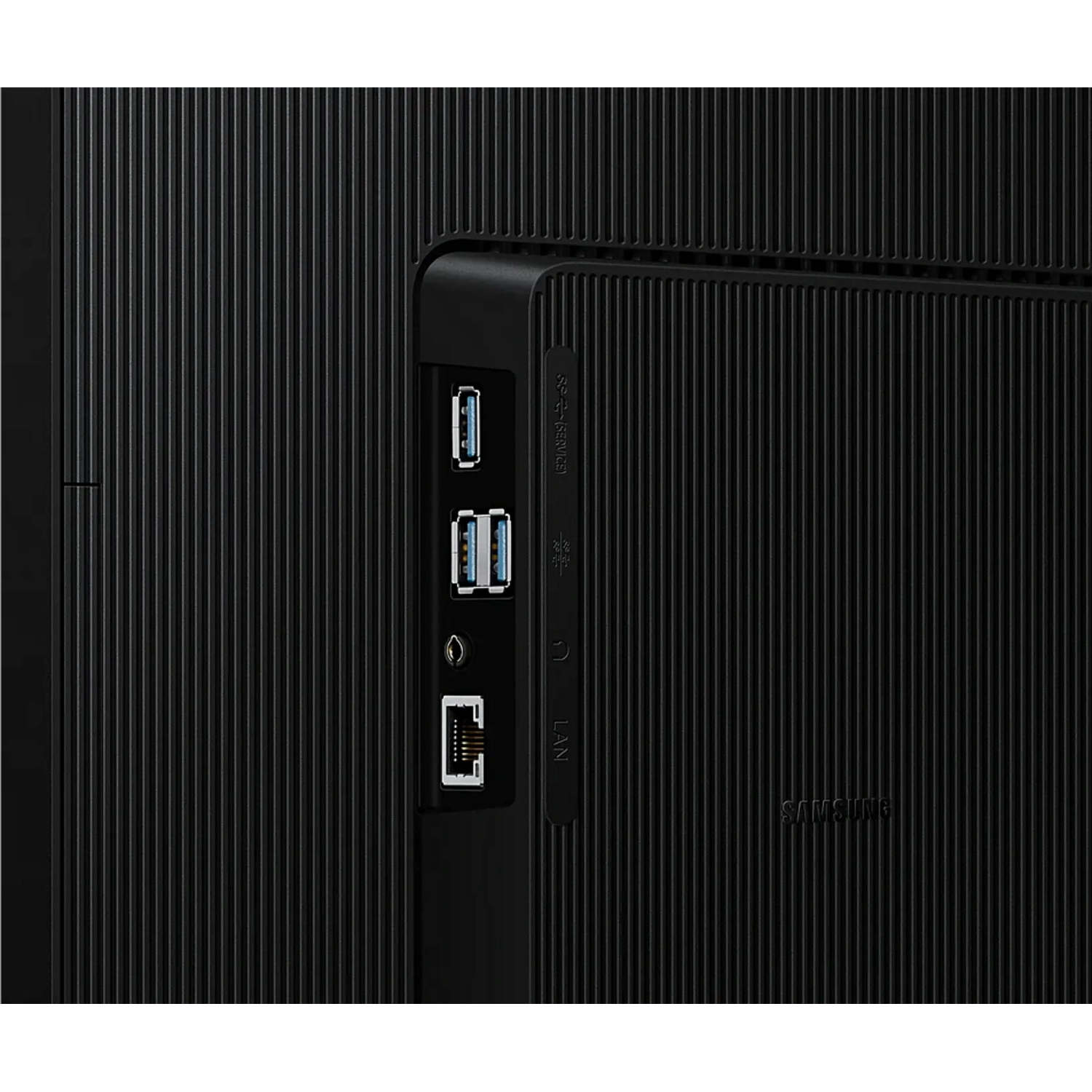 TV back panel showing ports: USB, audio, LAN, and Samsung logo.