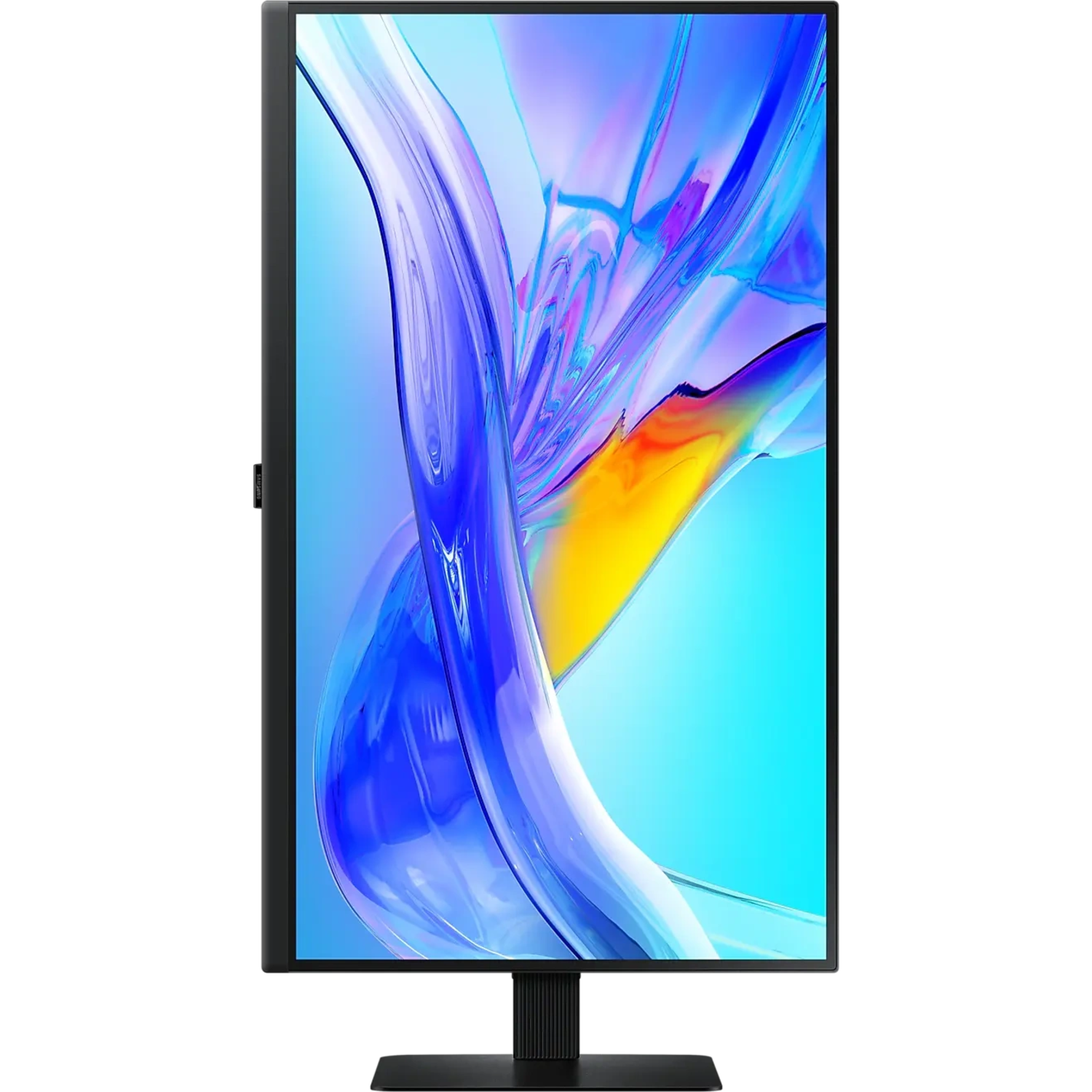 A black monitor with a blue and white abstract image on the screen, with a black stand. 