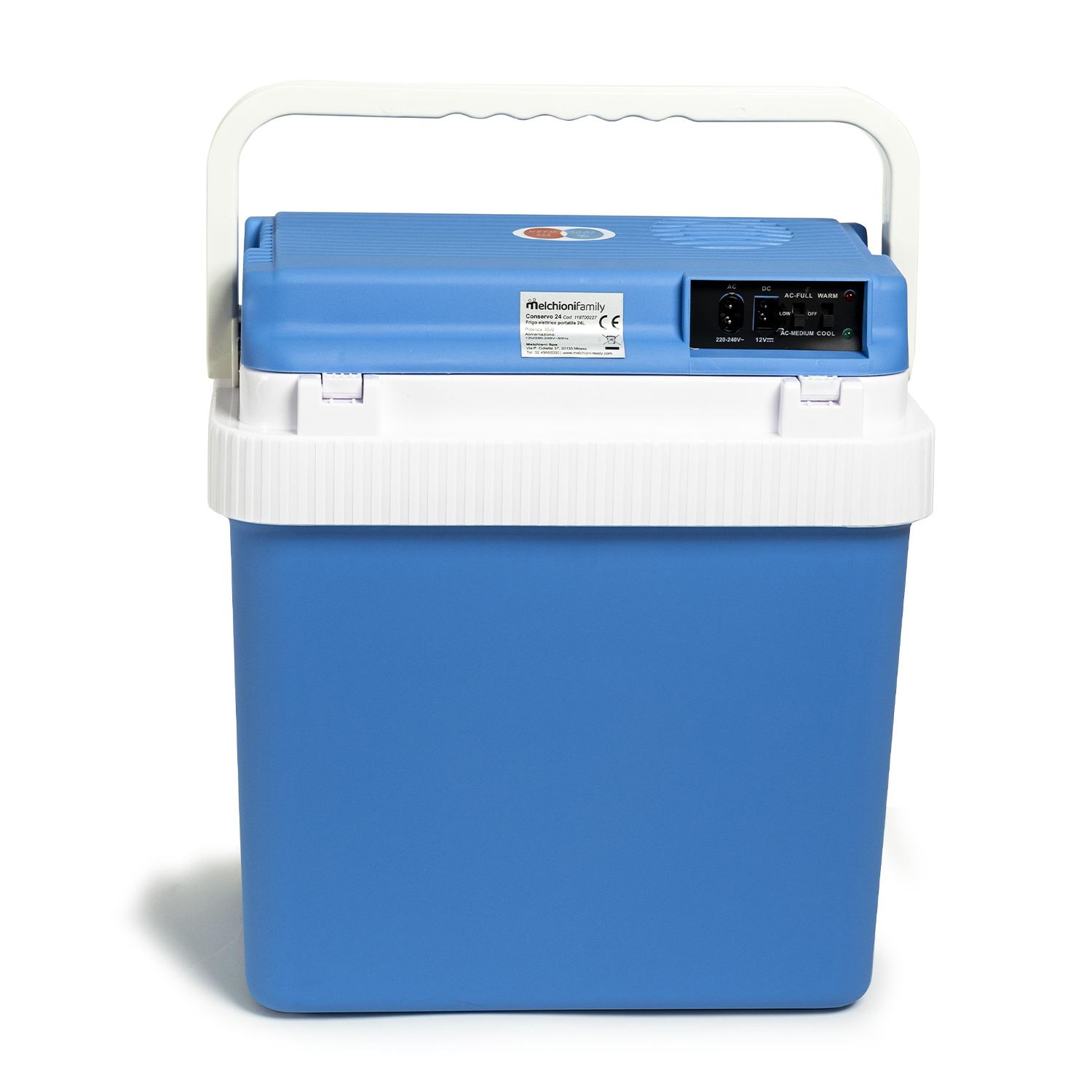 Refrigeratore blu con maniglia bianca, sfondo bianco, pannello di controllo.