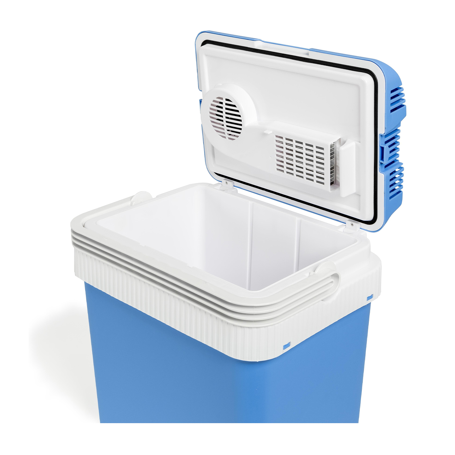 Un frigorifero portatile blu e bianco con coperchio aperto, che mostra i componenti interni.