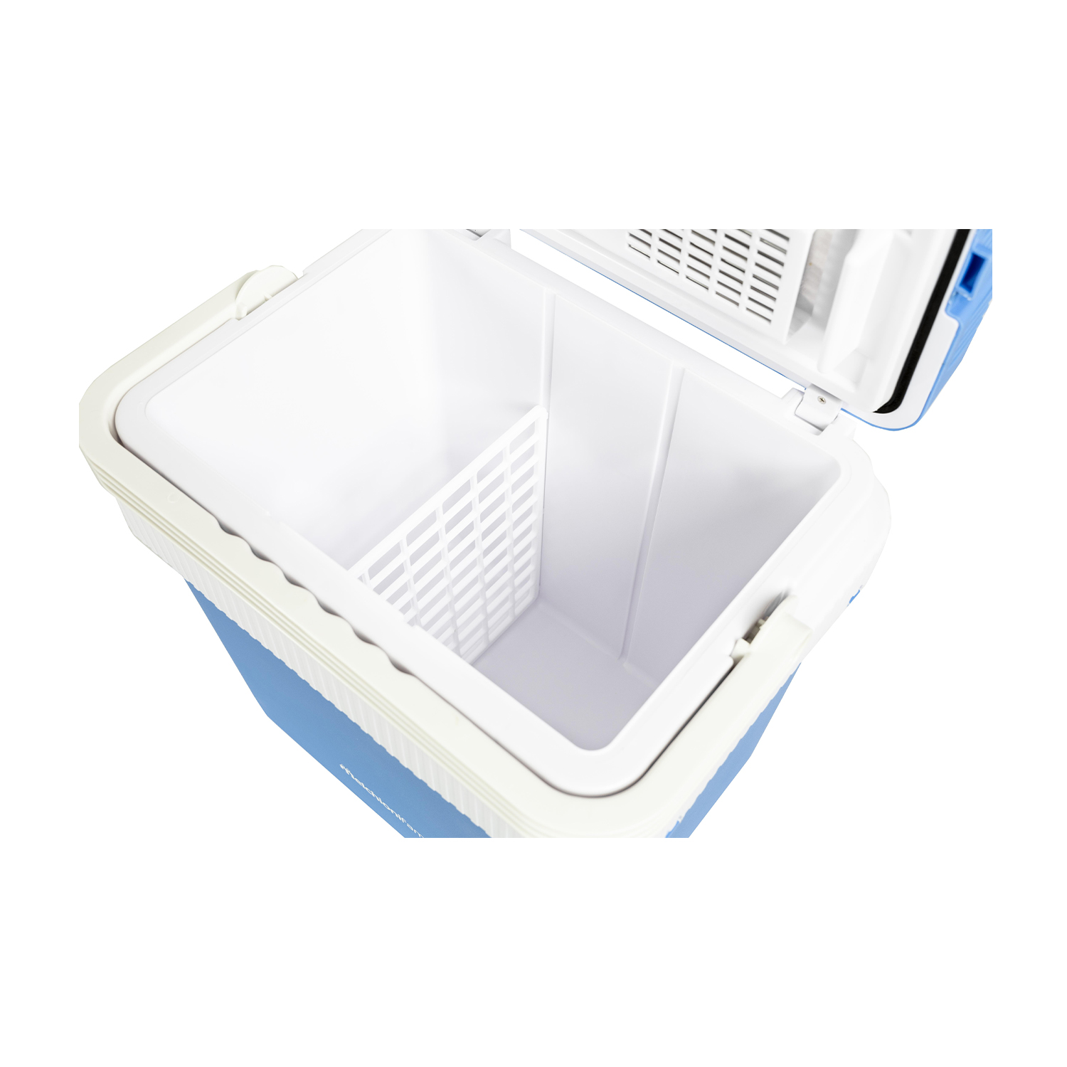Una borsa frigo blu aperta, che mostra l'interno, compreso un divisore e l'interno bianco.