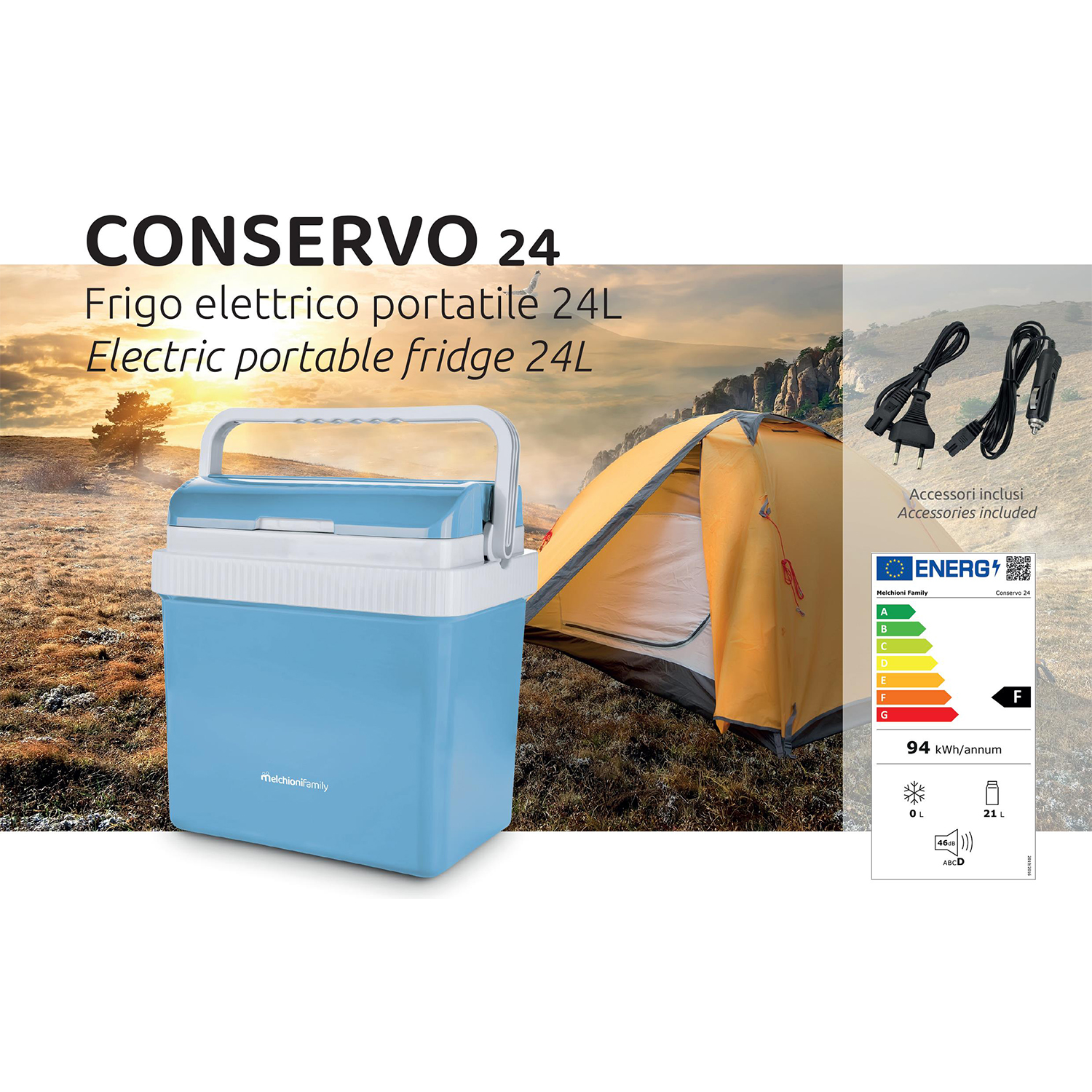 Un frigorifero portatile blu e bianco con accessori e una tenda sullo sfondo.