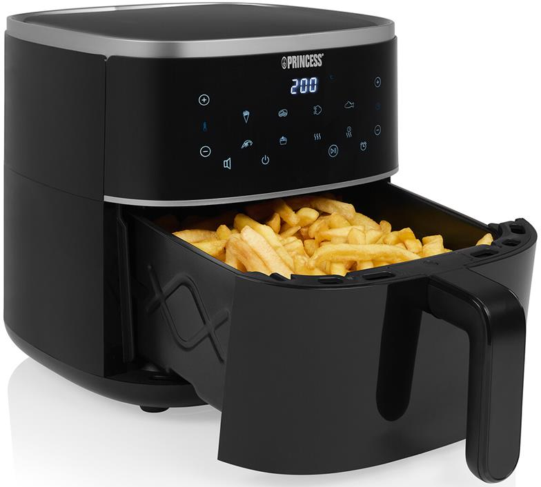 Schwarze Heißluftfritteuse mit Pommes im Fach. Knöpfe und Display oben. Marke Princess.