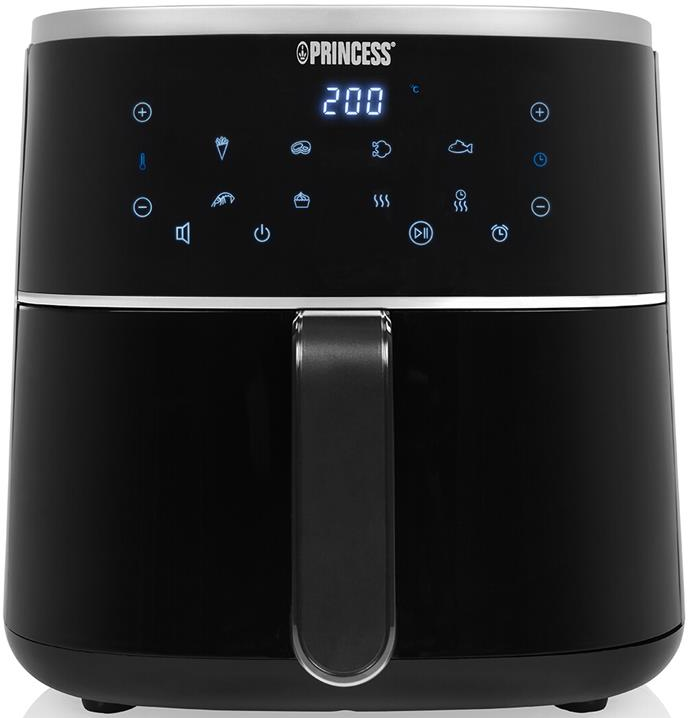 Schwarze Heißluftfritteuse mit Digitalanzeige, Einstellungen und Temperatur.