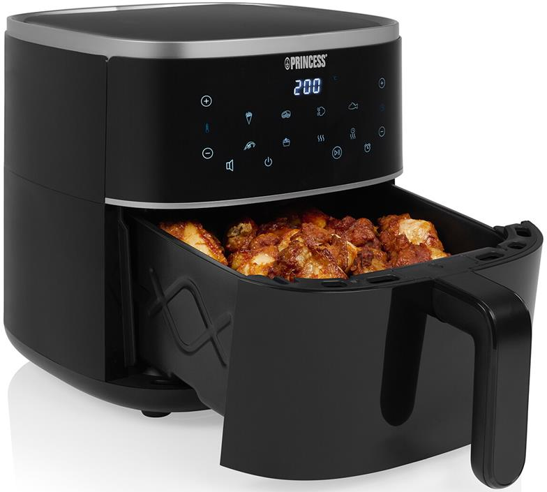 Eine schwarze Heißluftfritteuse mit Essen darin. Das Display zeigt 200. Die Vorderseite ist offen.