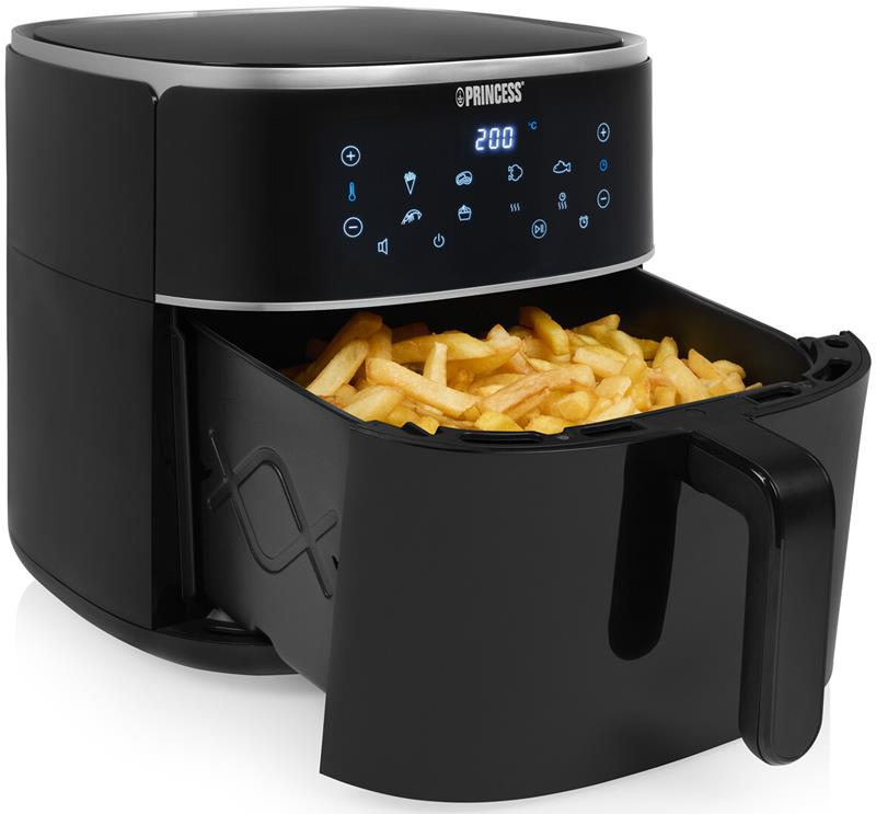 Schwarze Heißluftfritteuse mit Pommes im Korb. Das Display ist an und zeigt 200 Grad Celsius.
