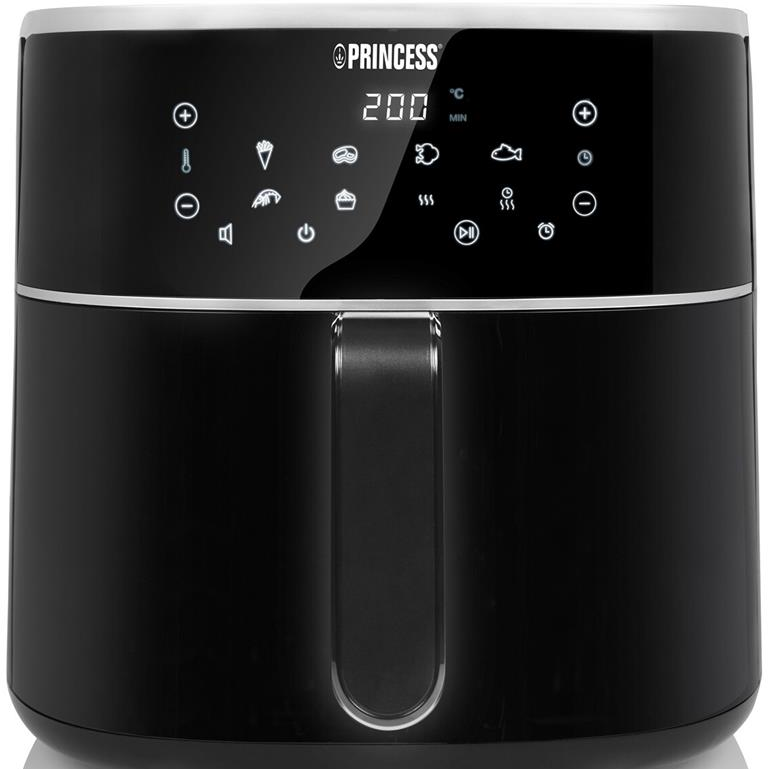 Schwarze Heißluftfritteuse mit Digitalanzeige, die Temperatur und Kochsymbole zeigt.