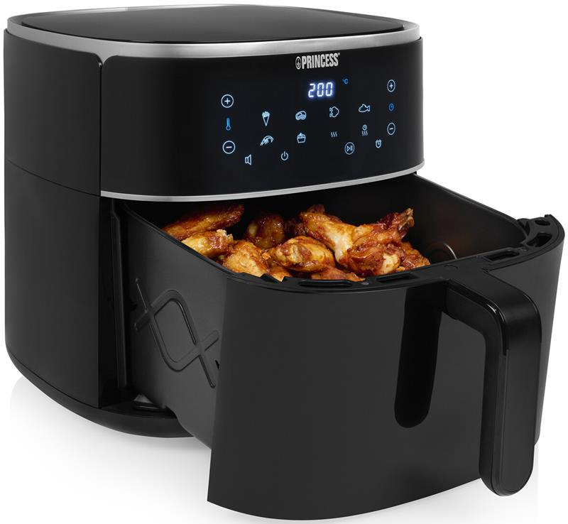 Schwarze Heißluftfritteuse mit Hähnchenflügeln. Digitalanzeige zeigt 200°C. Princess-Marke sichtbar.