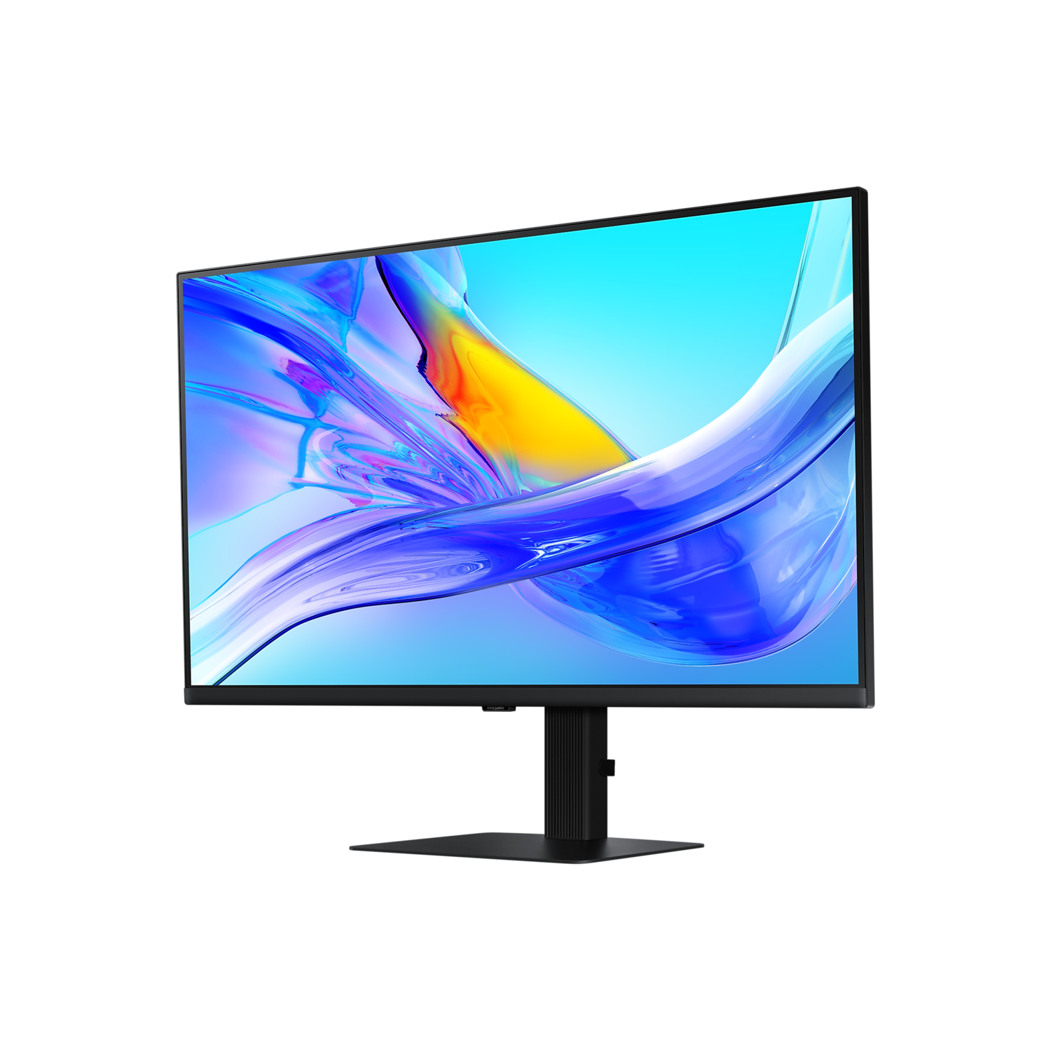 A computer monitor with a black stand displays an abstract, colorful image.