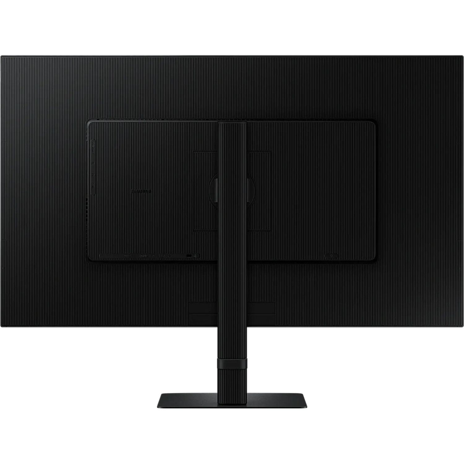 Back of a black monitor with a stand. Various ports and connections are visible.