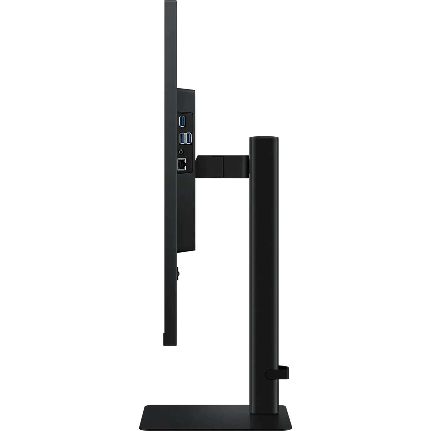 A black computer monitor viewed from the side, showing ports, and a black stand.