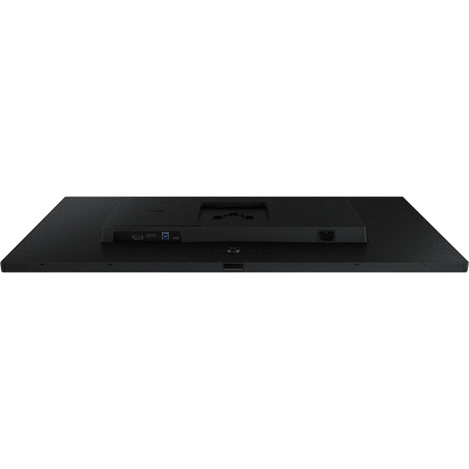 Back of a monitor with ports and connectors, black color, on a black background.