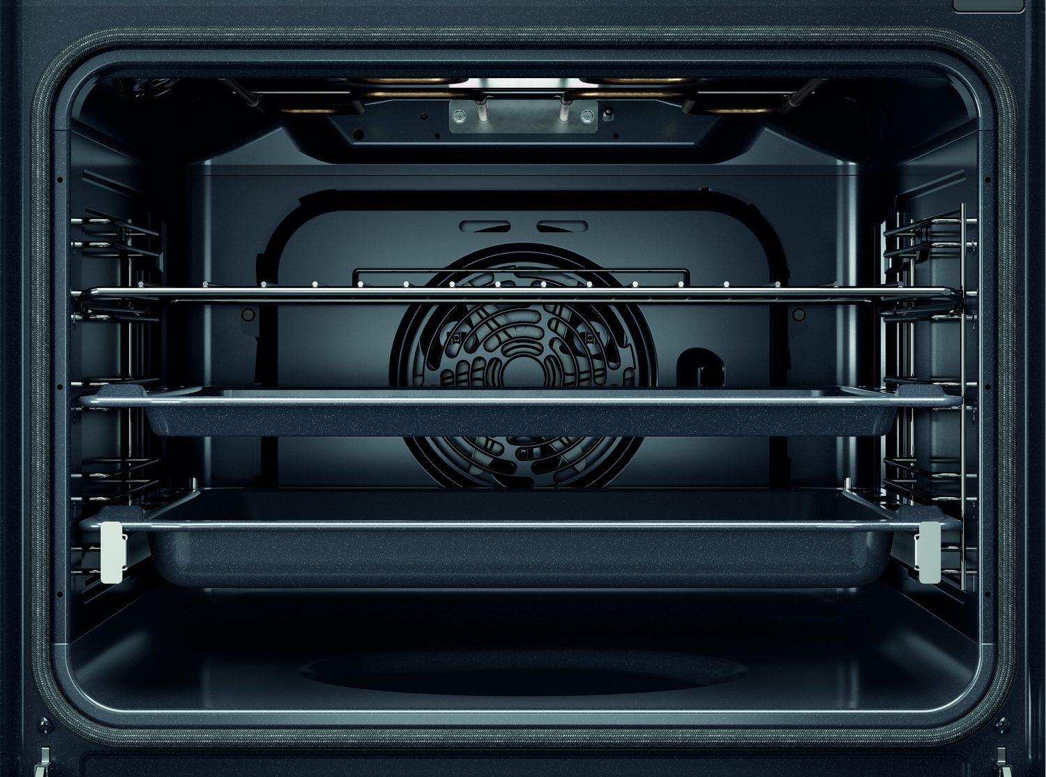 Interior de horno negro, mostrando rejillas y bandejas vacías.