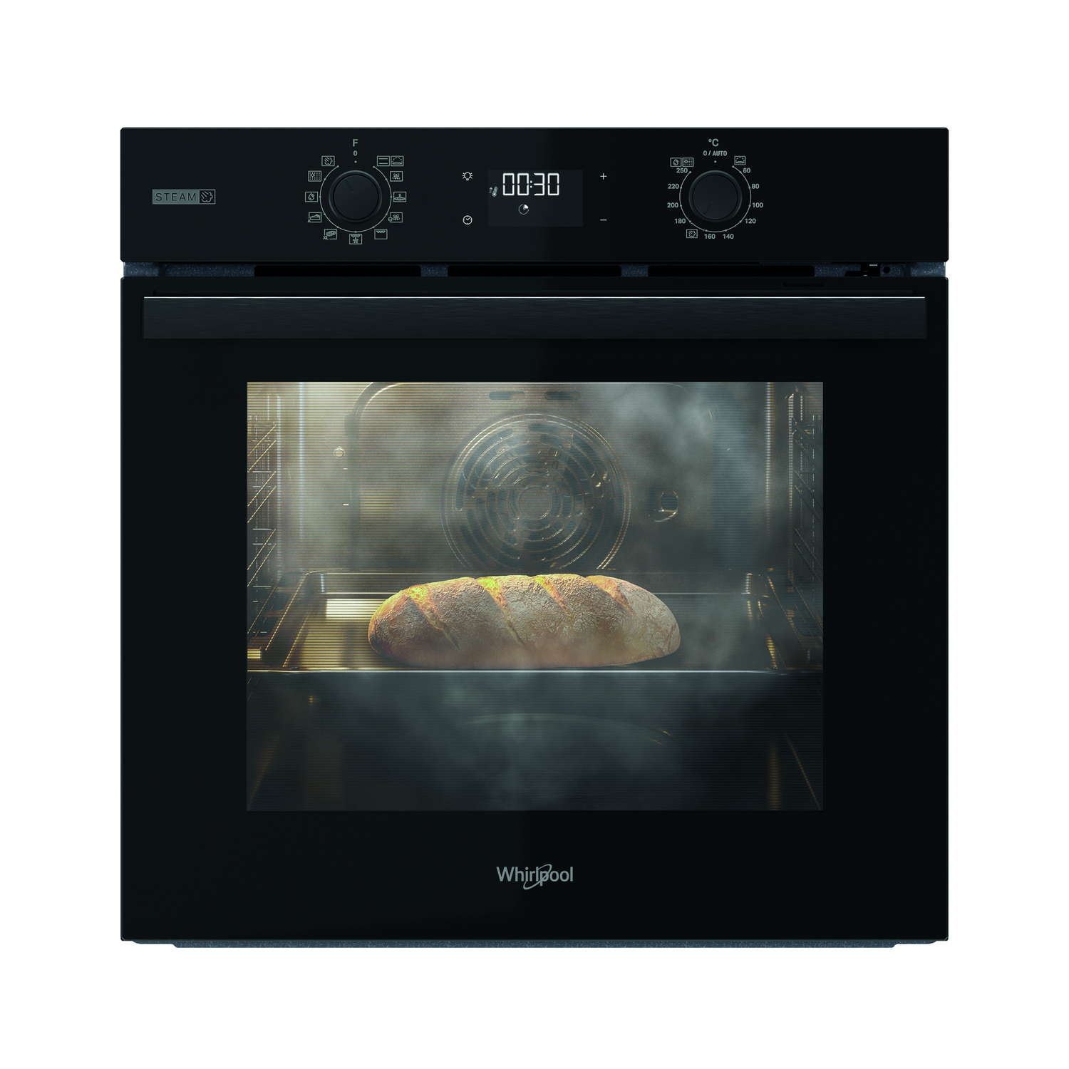 Horno negro con una hogaza de pan dentro. Controles en la parte superior, vapor subiendo del pan.