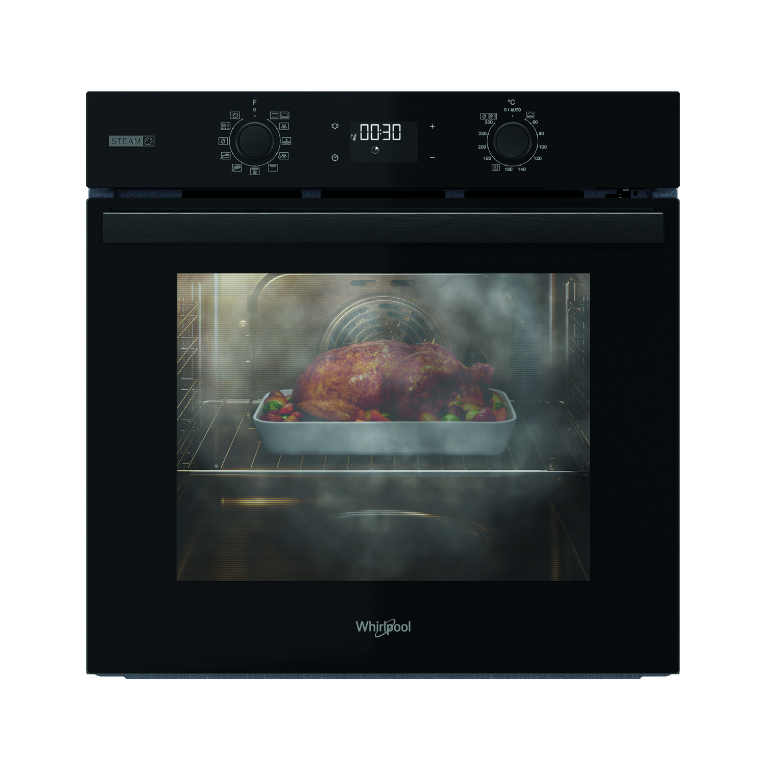 Un horno negro con un pollo asado en una bandeja. Hay vapor y una pantalla digital.