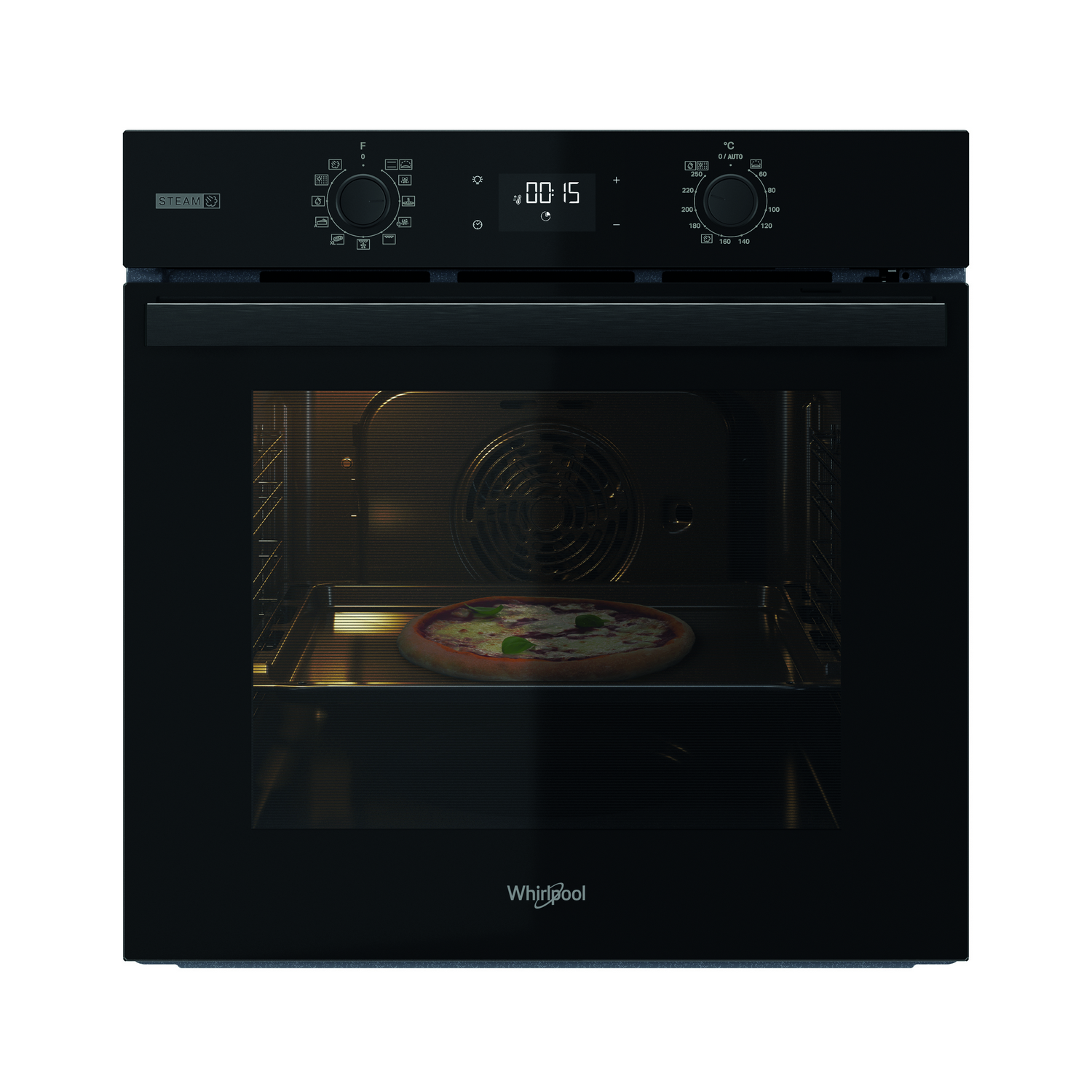 Horno negro con pizza dentro. El horno tiene diales de control y una pantalla digital.