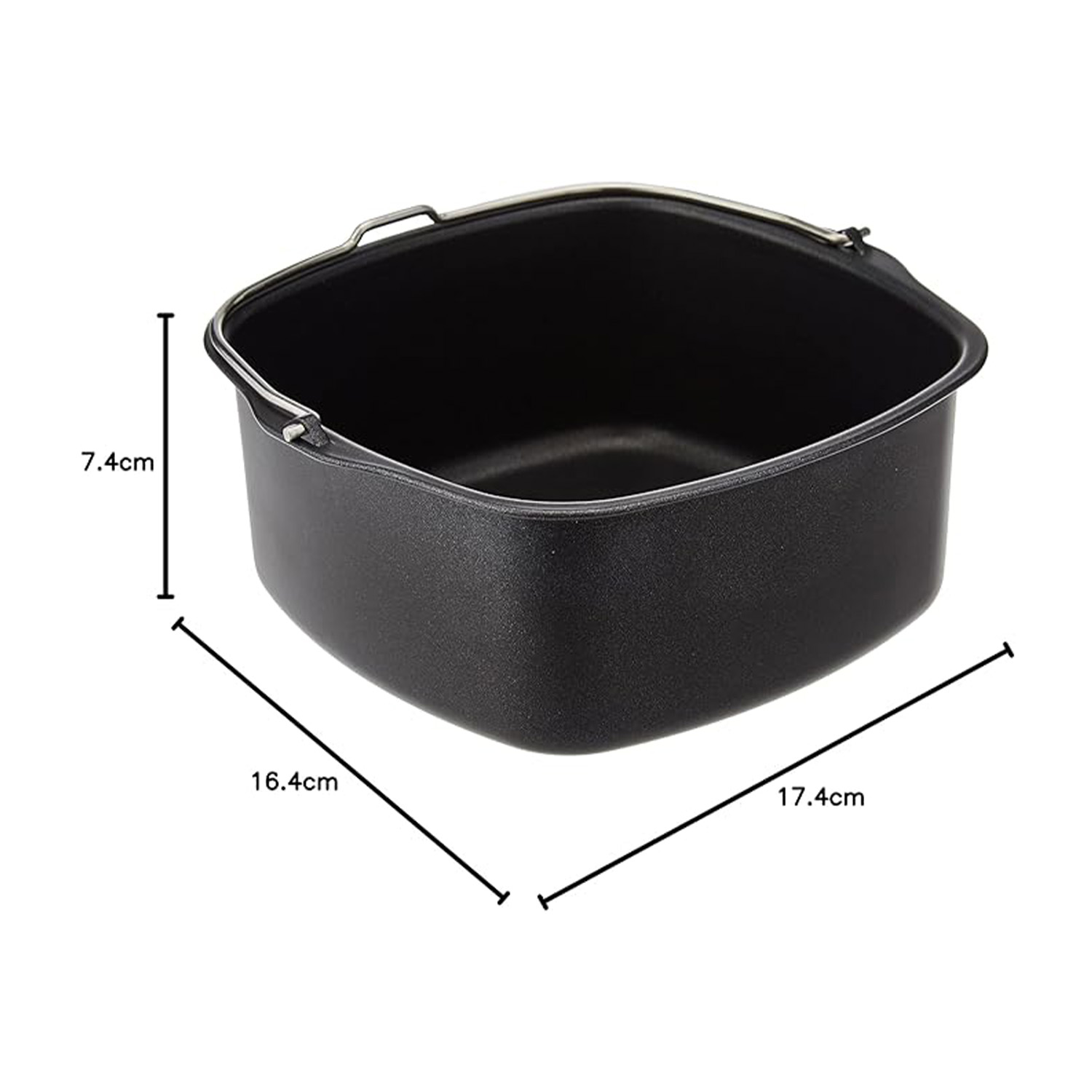 Cestello friggitrice ad aria nero con dimensioni: 16,4 cm, 17,4 cm, 7,4 cm.