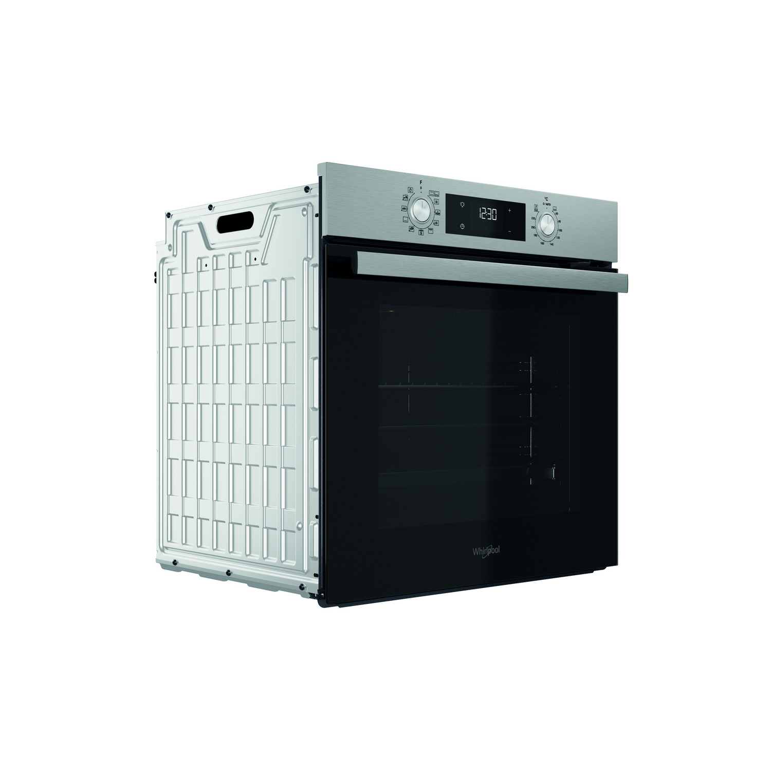 Horno Whirlpool. El horno es plateado con puerta negra y panel de control arriba.