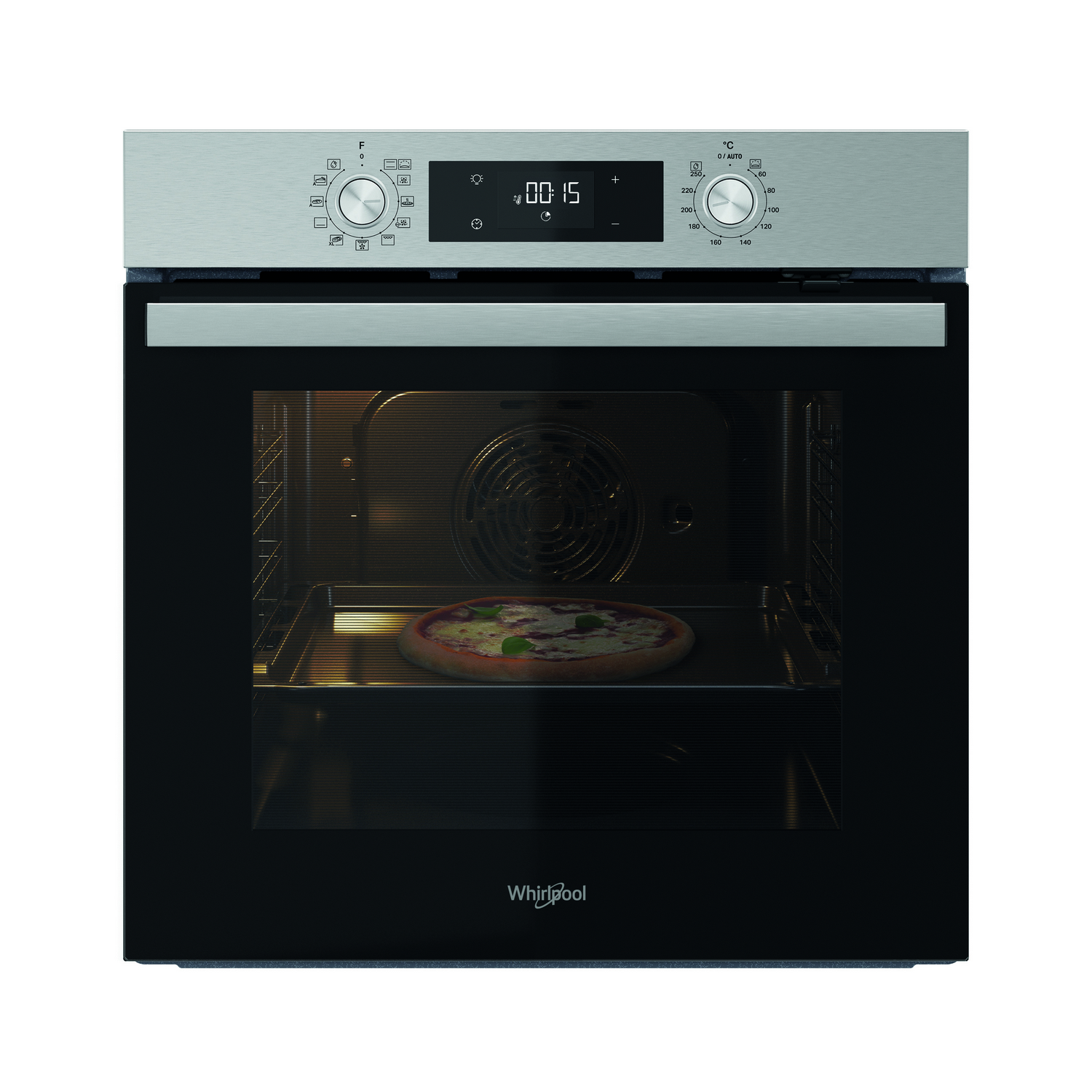 Un horno con pizza dentro. Panel frontal plateado. Puerta de cristal negra.