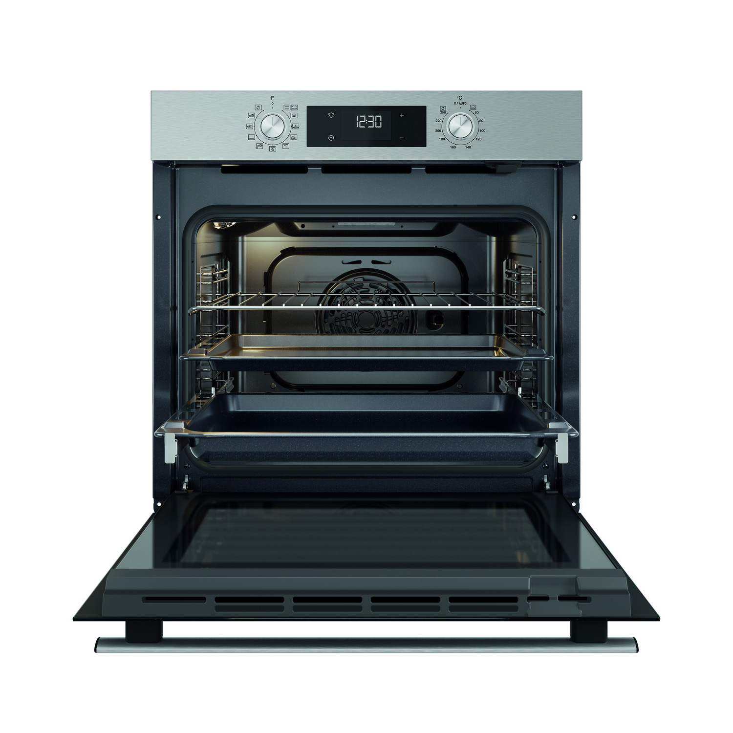 Horno con puerta abierta, dentro con rejillas y bandejas.
