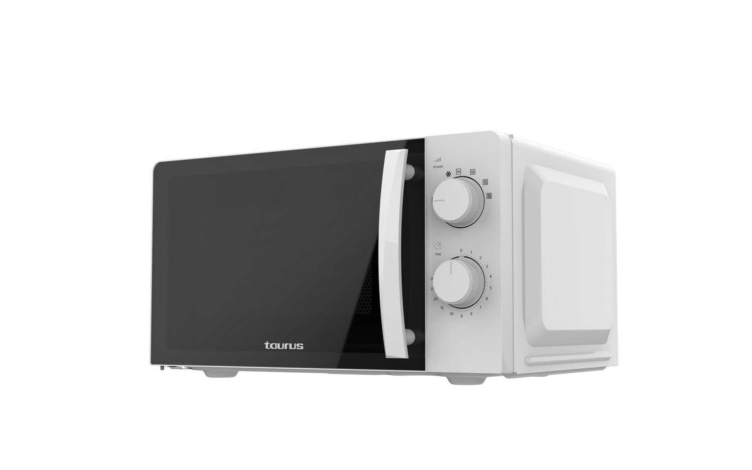 Horno microondas Taurus blanco sobre fondo negro.