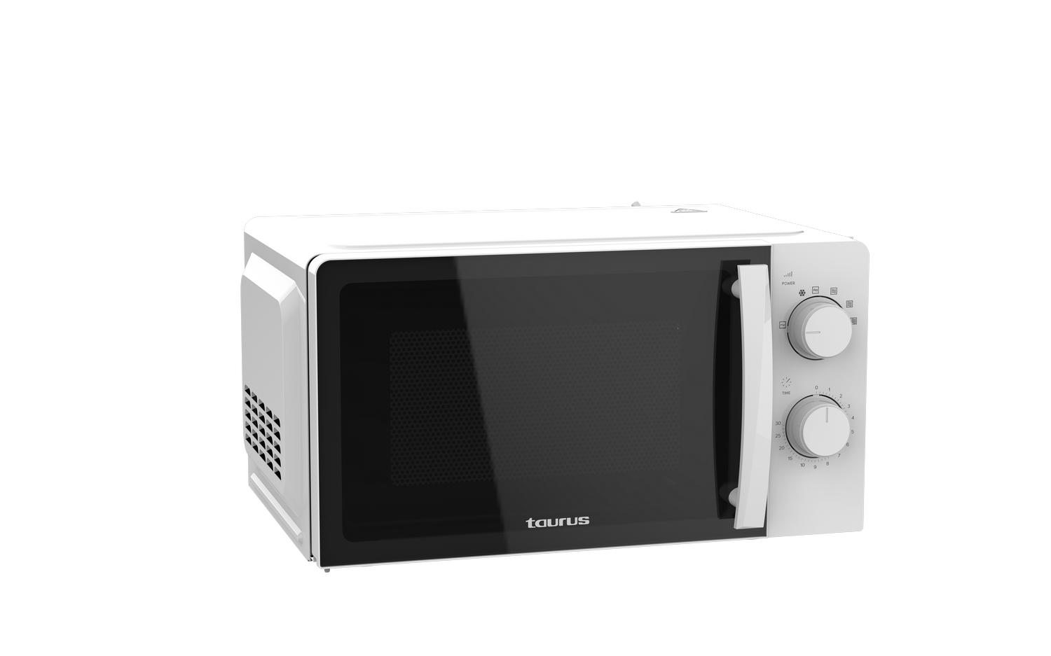 Horno microondas blanco con puerta negra. Controles y nombre de la marca visibles.
