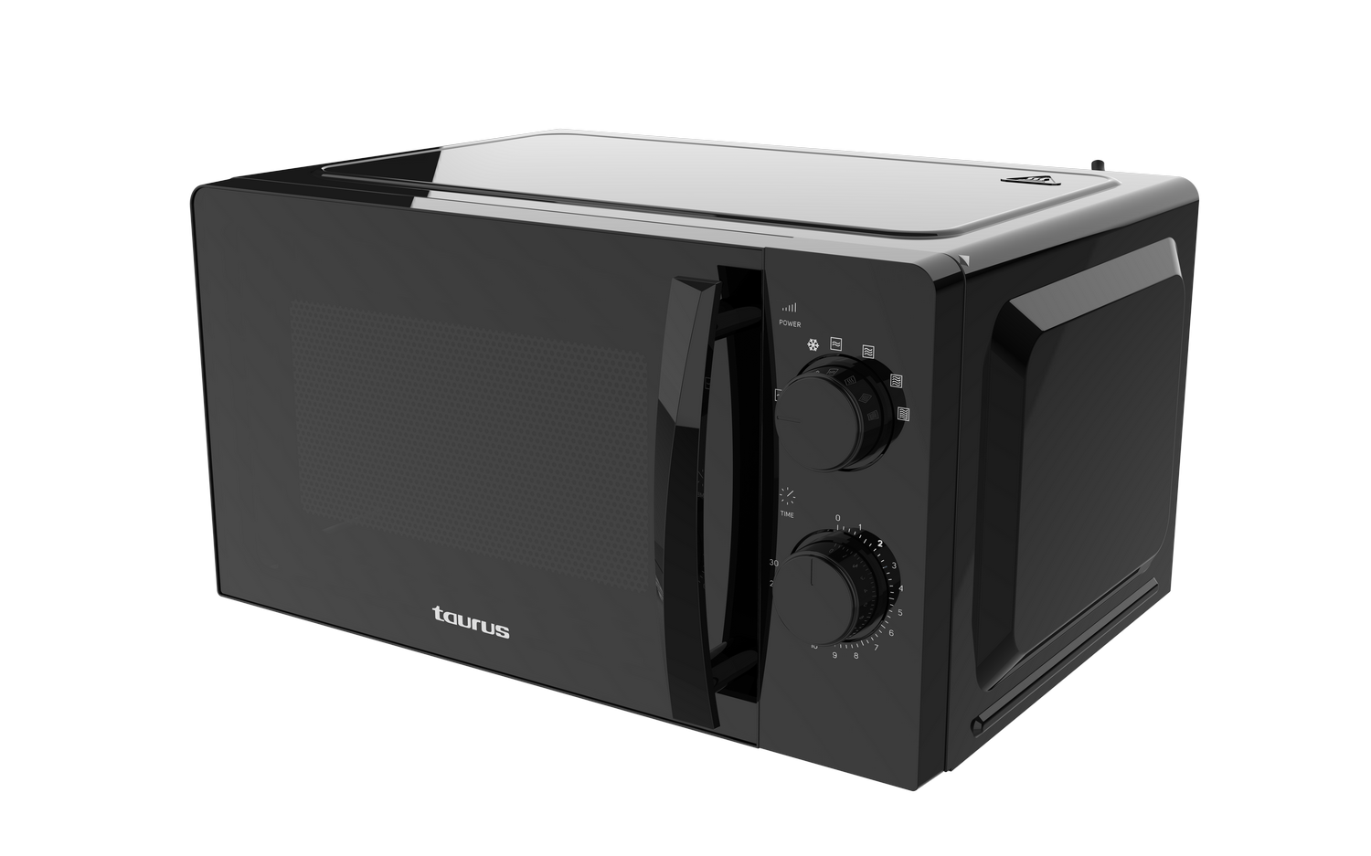 Horno microondas negro con perillas de control. La puerta está cerrada y está sobre una superficie negra.