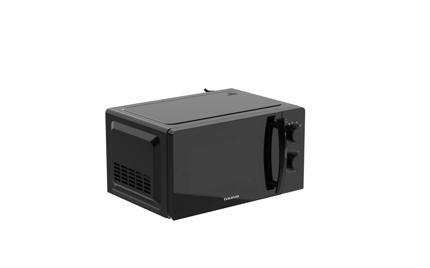 Horno microondas negro. Está sobre un fondo negro. Marca Taurus.