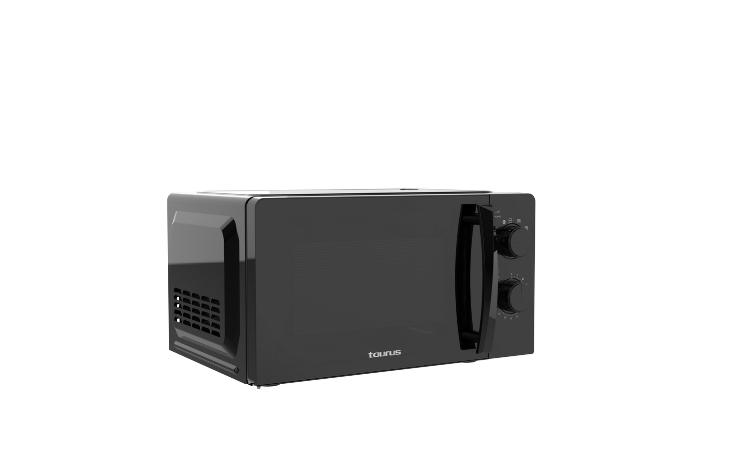 Horno microondas negro sobre fondo negro.
