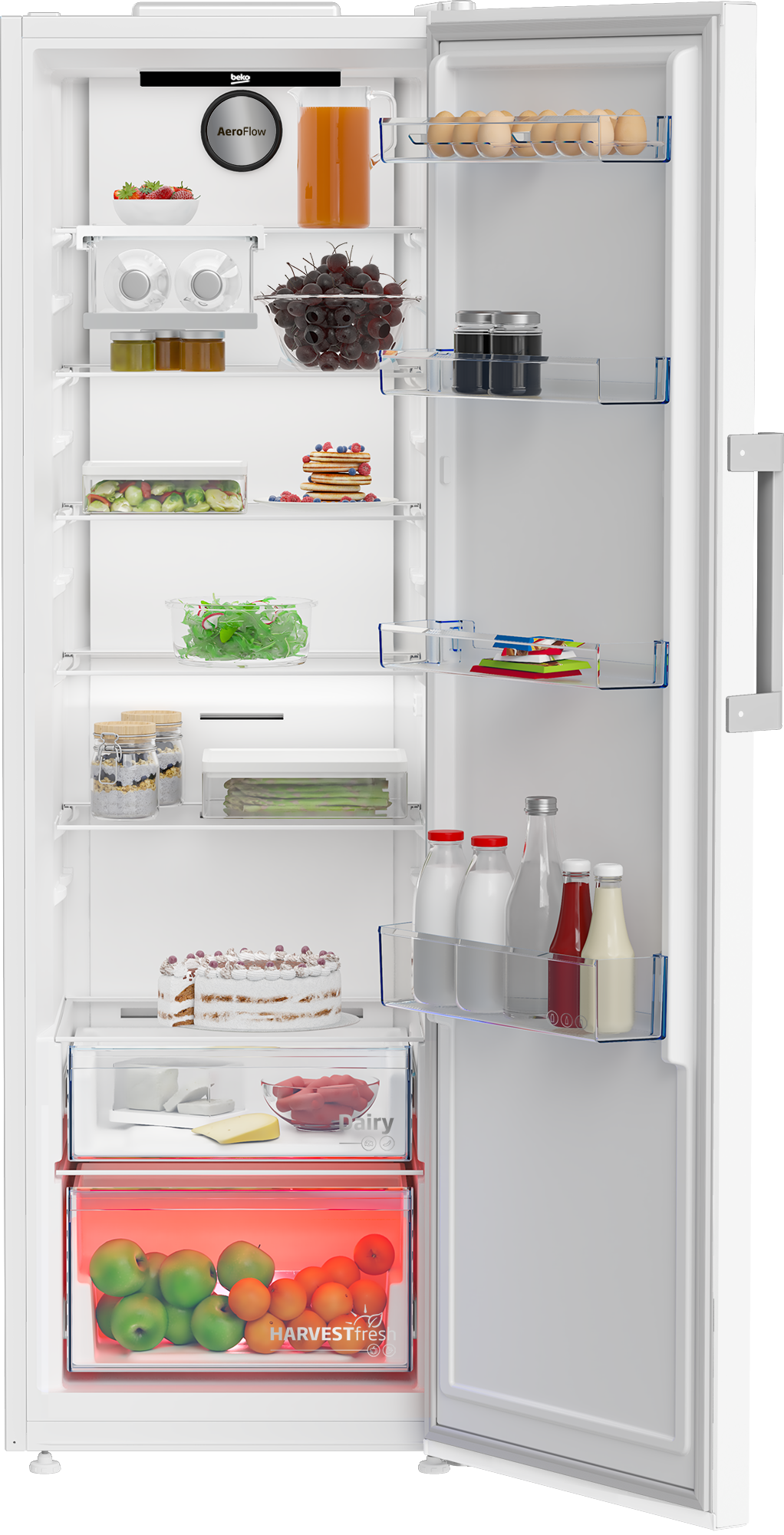 Refrigerador blanco con puerta abierta, mostrando estantes con alimentos y un cajón rojo.
