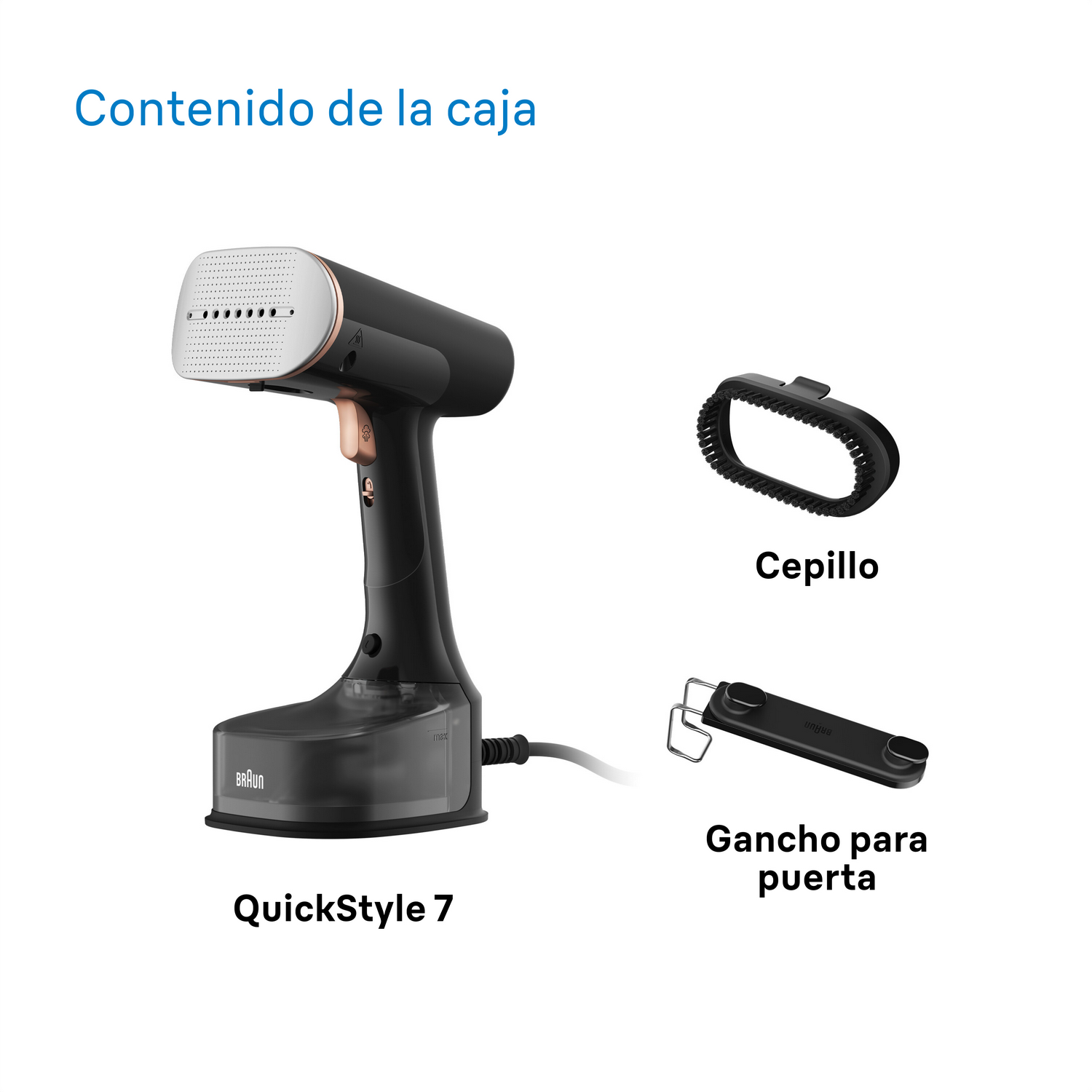 Un vaporizador de mano negro y dorado con accesorios mostrados.