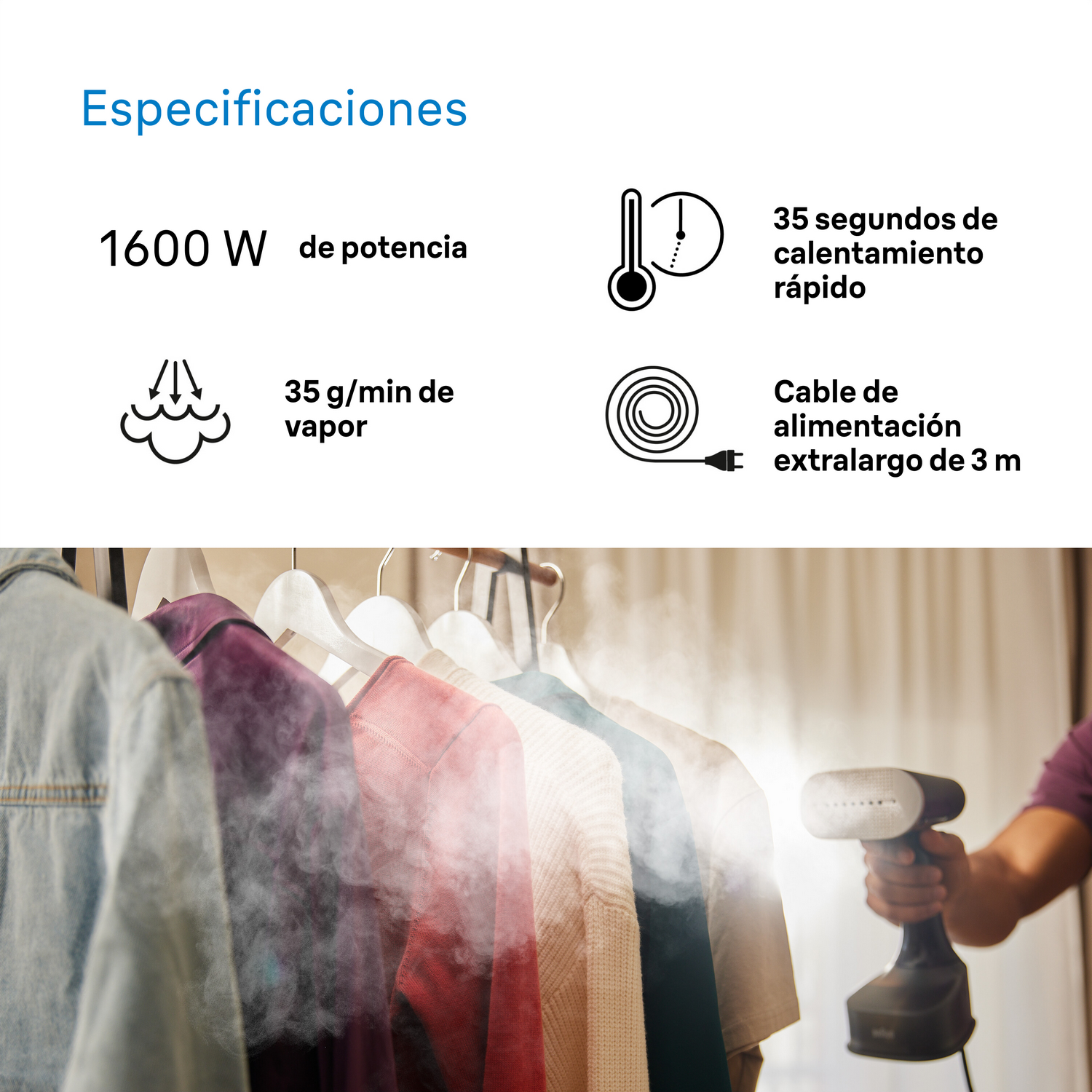 Planchando ropa con vapor de una plancha negra. Las especificaciones muestran potencia, salida de vapor y longitud del cable.