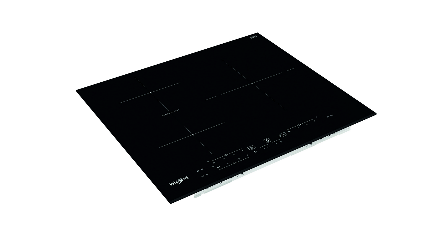 Placa de inducción negra con cuatro zonas de cocción y controles táctiles.
