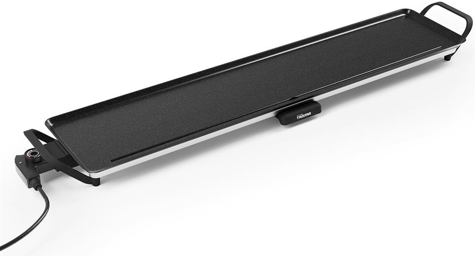 Plancha noire avec un contour blanc. Elle possède un panneau de commande et un câble d'alimentation. La surface est plate.
