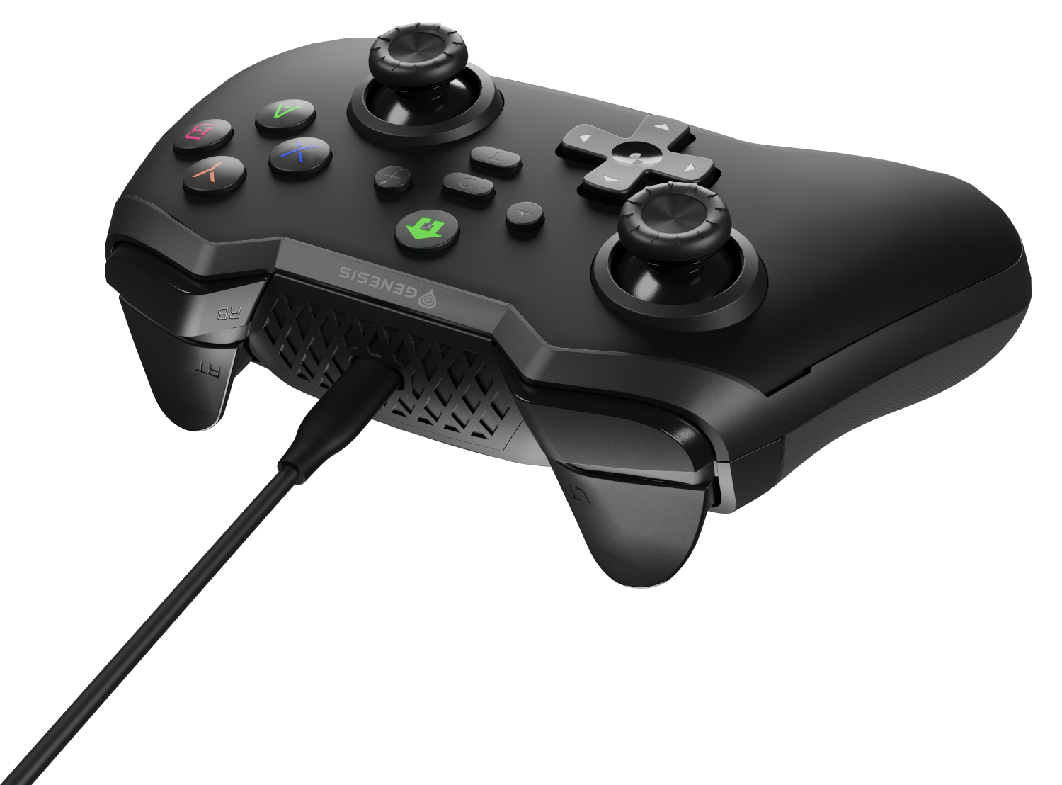 Fekete Genesis gamepad csatlakoztatott töltőkábellel.