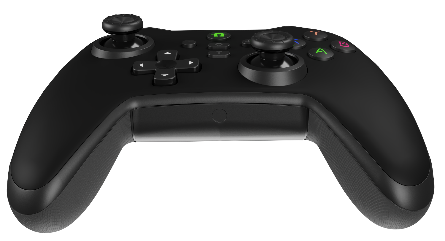 Fekete játékvezérlő gombokkal és joystick-okkal. Ívelt kialakítású.