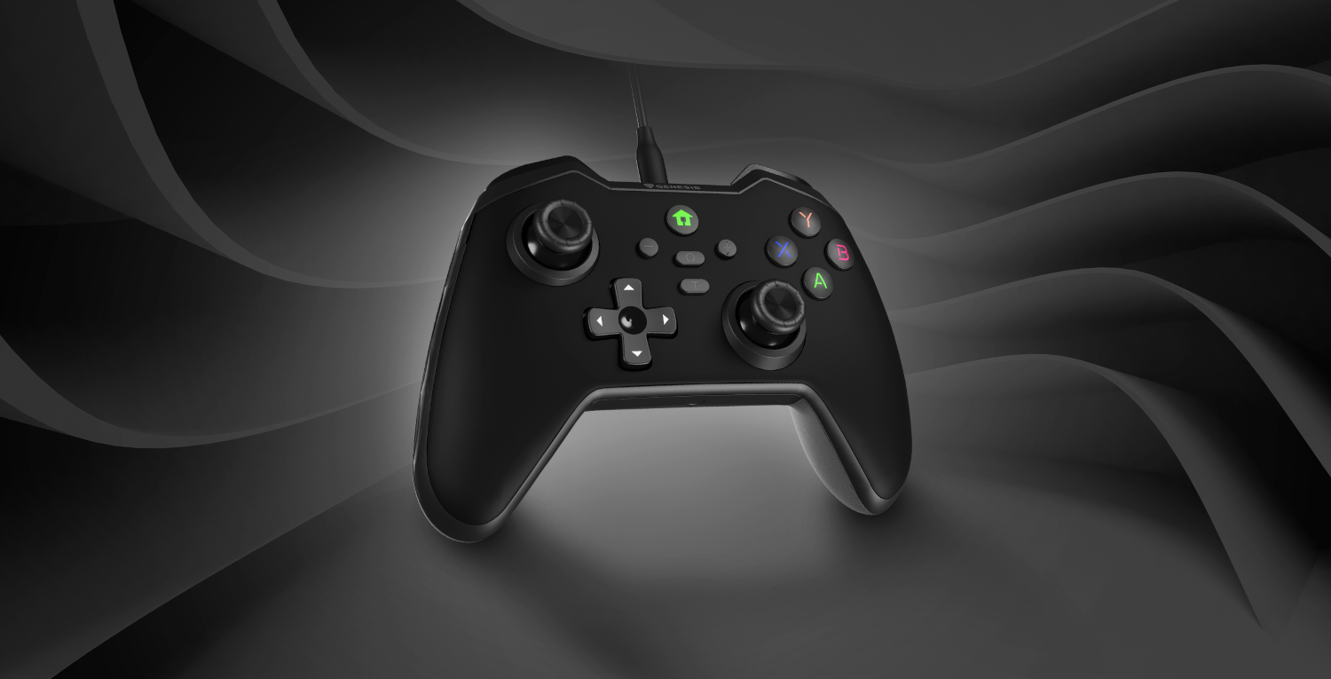 Fekete gamepad, különféle színes gombokkal és egy irányító paddal, hullámos háttér előtt.