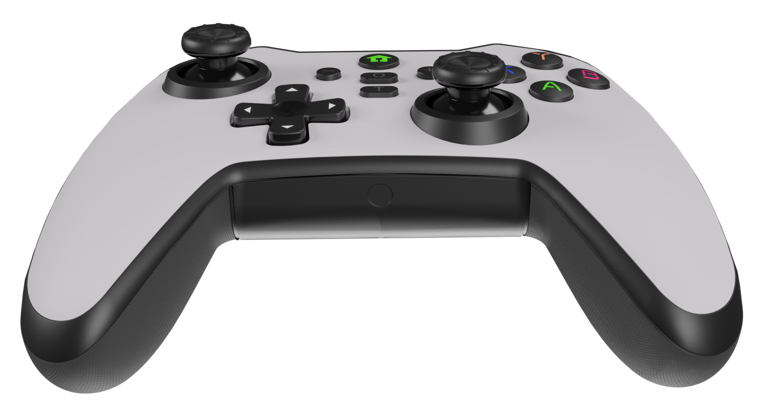 Világosszürke gamepad fekete joystickokkal és gombokkal, fekete háttéren.
