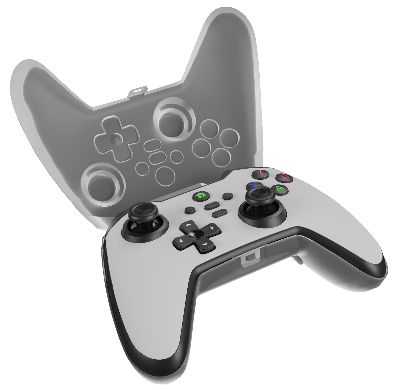 Szürke gamepad egy fedéllel mögötte. Gombok és joystickok vannak rajta.