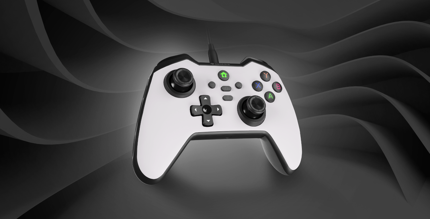 Egy fehér-fekete gamepad szürke háttéren, örvénylő fekete vonalakkal.