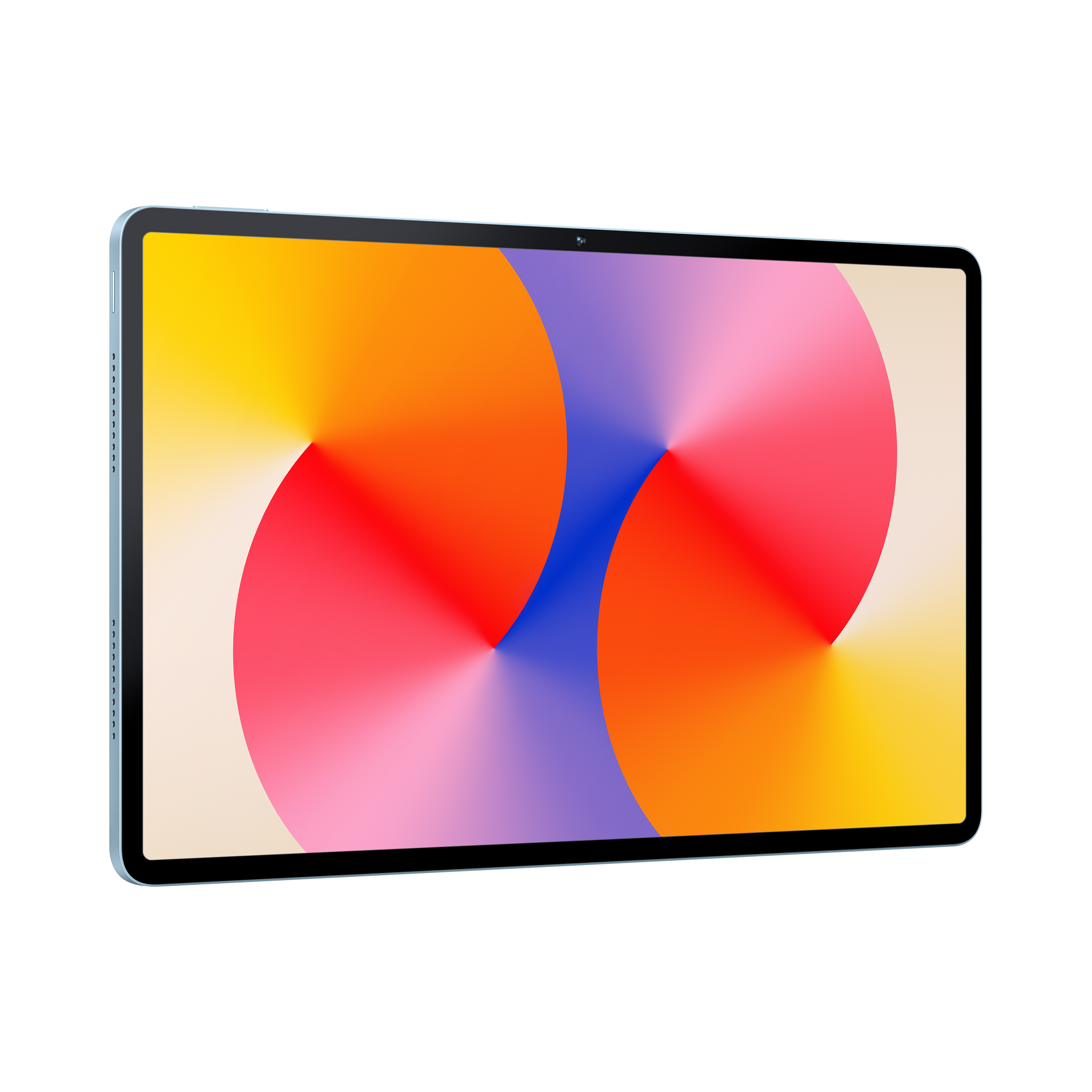 Mavi çerçeveli bir tablet. Ekran parlak renkler, turuncu, sarı, pembe ve mor gösteriyor.