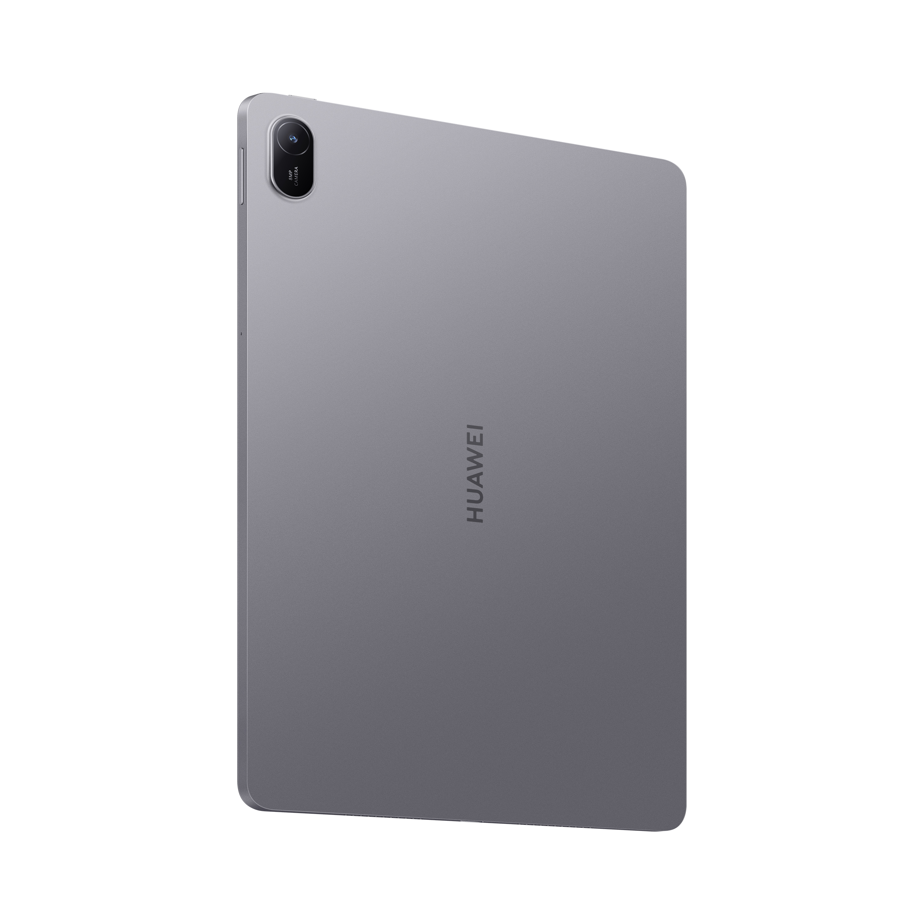 Gri Huawei tablet açılı. Arkada kamera ve Huawei logosu.