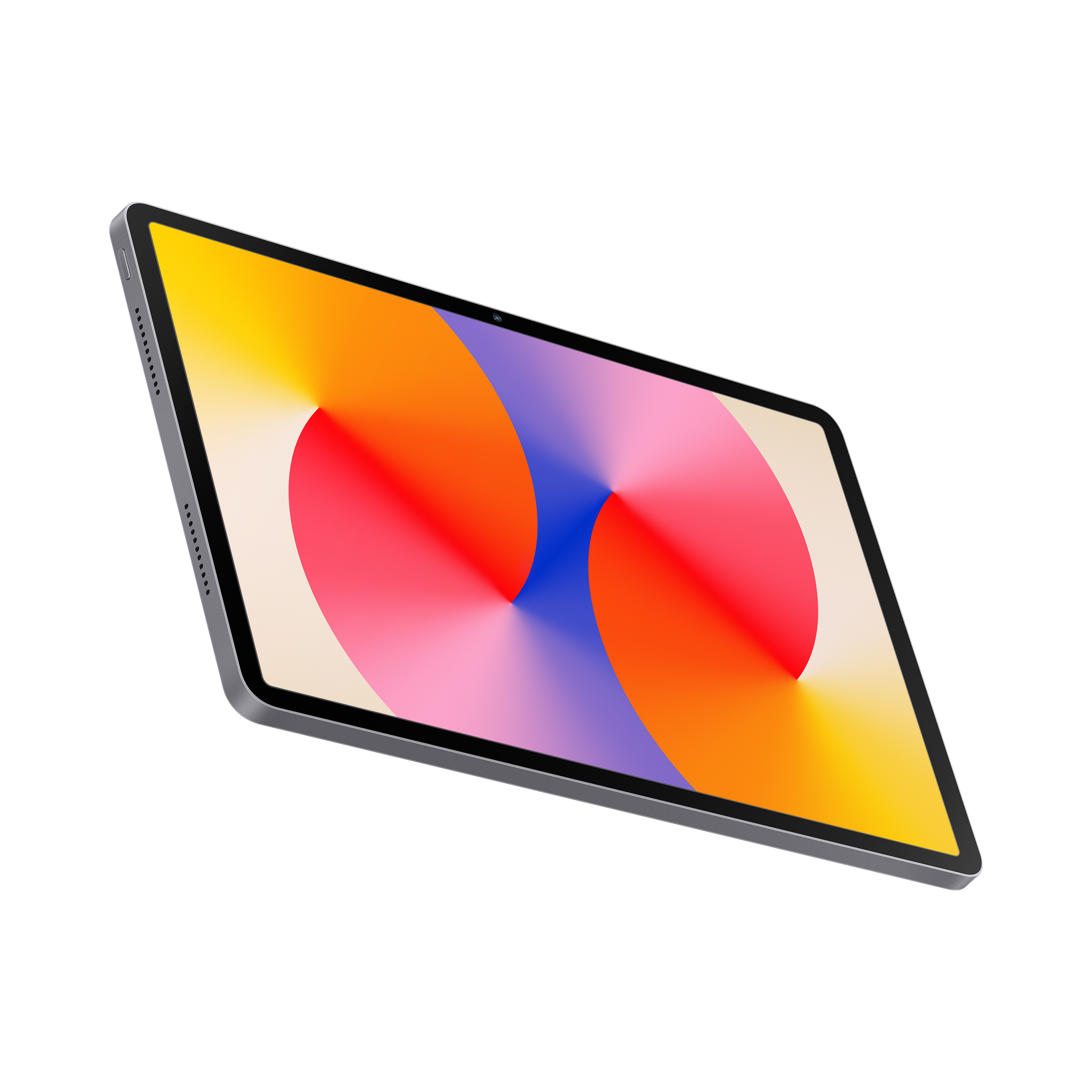 Renkli ekranlı bir tablet. Açılı görünüm, beyaz zemin.