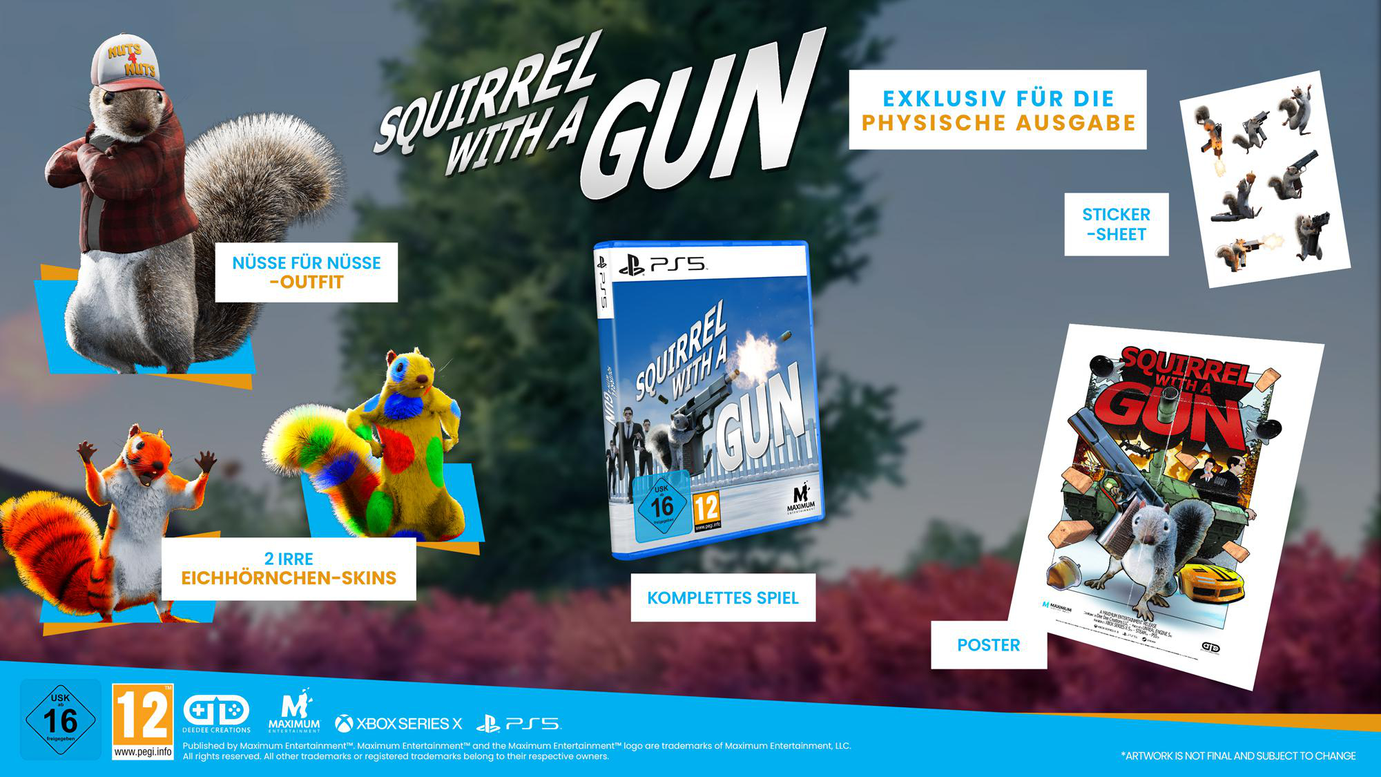 Spielbox und Marketingmaterialien für "Squirrel With A Gun". Enthält ein Eichhörnchen mit Hut.