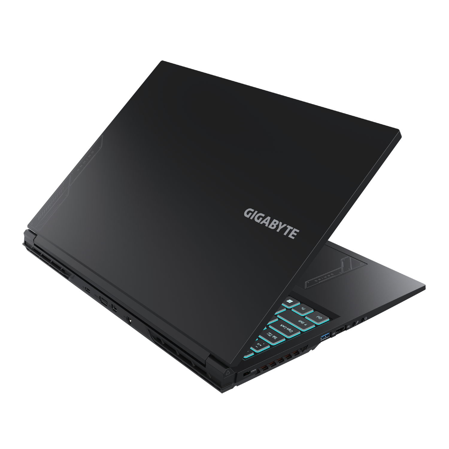 Portátil negro con teclado retroiluminado y logotipo Gigabyte en la parte superior.